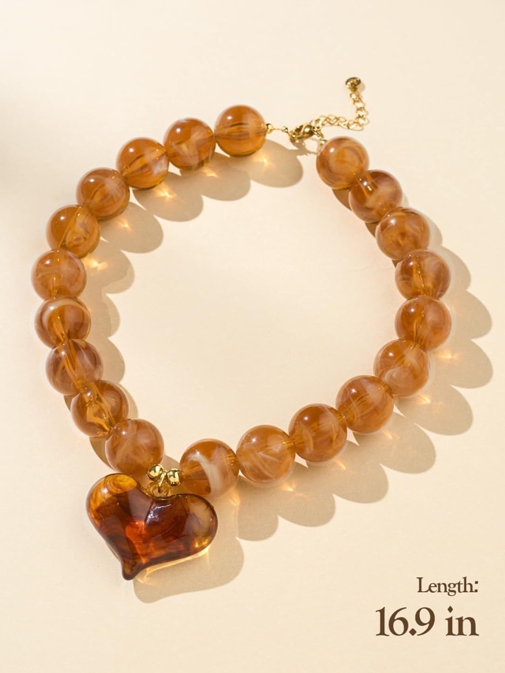 Anthropologie Amber Bead Heart Pendant Necklace - Brown Gold - Picture 4 of 5